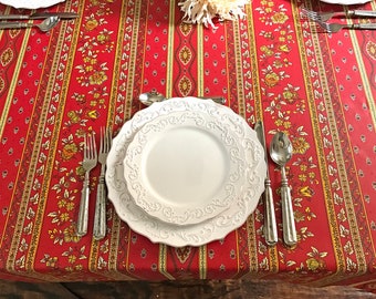 Wipe Clean Laminated Coated Provence TableCloth Avignon in Red - Extra Wide up to 115" wild & Umbrella Hole available