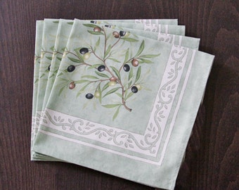 Set of Natural Cotton Provence Napkins Olive Branches in Green Sage -