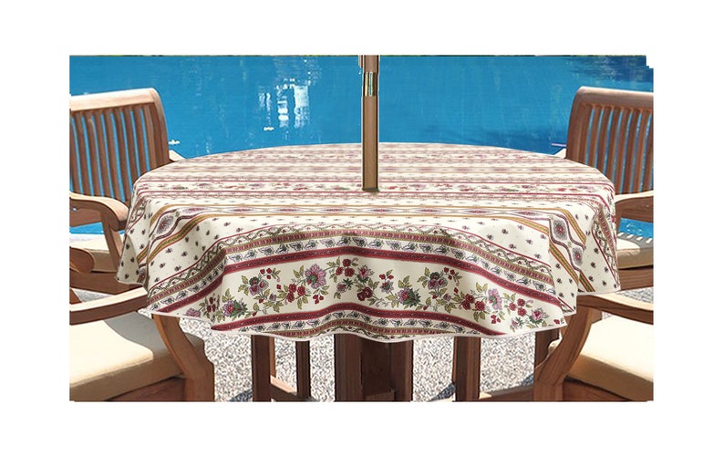 60 In Round Umbrella Coated Tablecloth Provence Avignon Off White Water Stain Resistant Laminated Outdoor