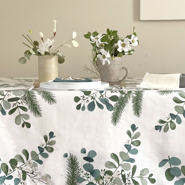 Spill Proof Linen Coated Tablecloth Nordmann - Round Square Rectangle or Oval - Umbrella Hole & Fastener available Available Botanical Décor