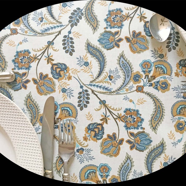 Stain Free Round or Square Tablecloth Amelie Blue- 42 - 60" or made your size up to 115" - Umbrella Hole & Easy On Off Fastener Available