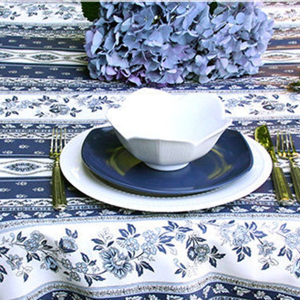 Round or Square Provencal Coated Table Cloth Avignon Marine -  42 to 60" or custom made your size up to 112" - Umbrella hole available