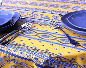 Spill Proof Wipe Clean Coated 60x120"  Tablecloth Avignon in Yellow- . Umbrella Hole Available