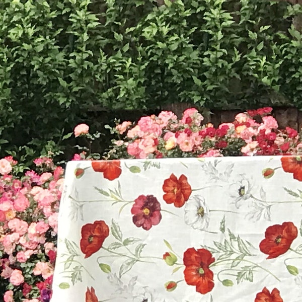 Linen Stain Proof Wipe Clean Coated Tablecloth Red Poppies Papavero - Round Square Rectangle or Oval - Umbrella Hole Available