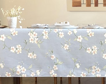Coated Toile Linen French Tablecloth Almond Blossom Blue - Spill Proof Round Square Rectangle or Oval - Custom Size Available - Gift for Her