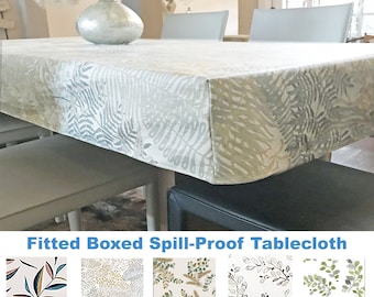 Tailored Fitted Boxed Spill Proof Easy Wipe Tablecloth- 99 Fabrics Options - Custom made to your table size - Umbrella Hole available
