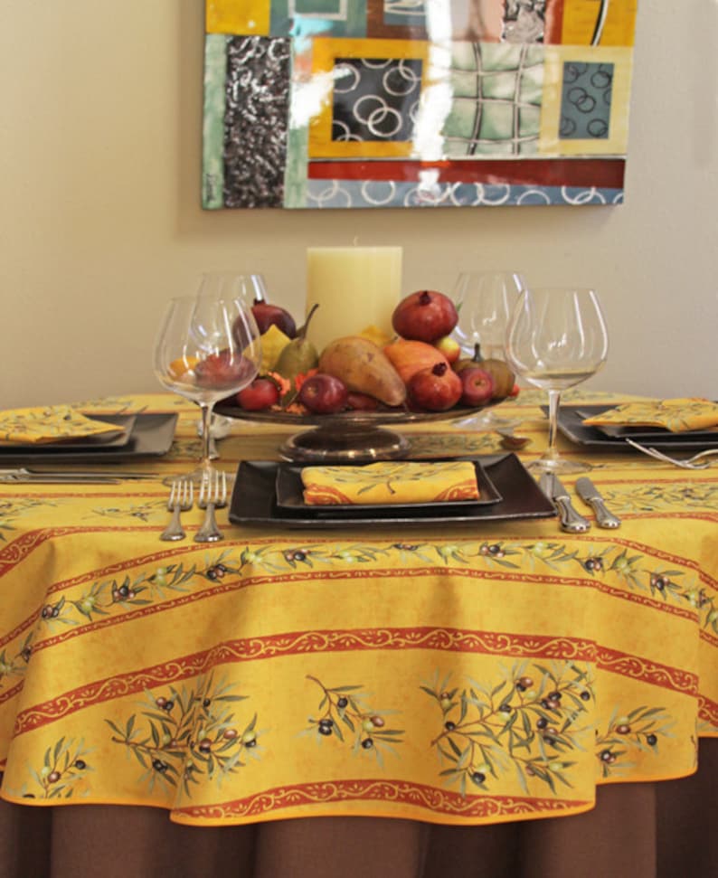 Napkins /& Umbrella Hole available Round Acrylic Coated Wipeable Provence Tablecloth 42 to 63 or Extra Large 115 in diameter available