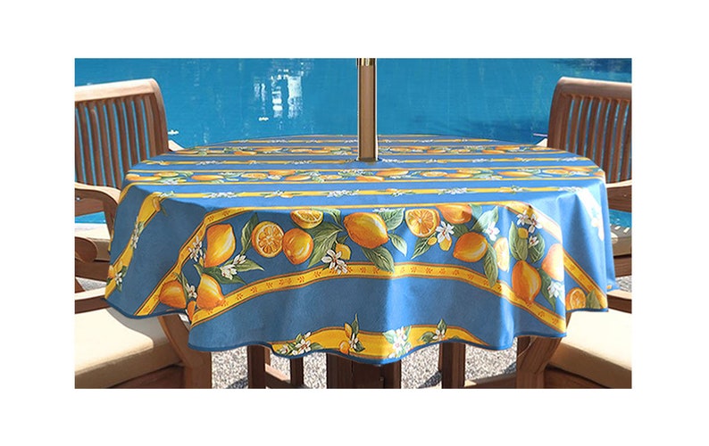 Water /& Stain Resistant Tablecloth Laminated Outdoor Tablecloth 60 in Round Umbrella Coated Tablecloth Provence Lemons in Blue