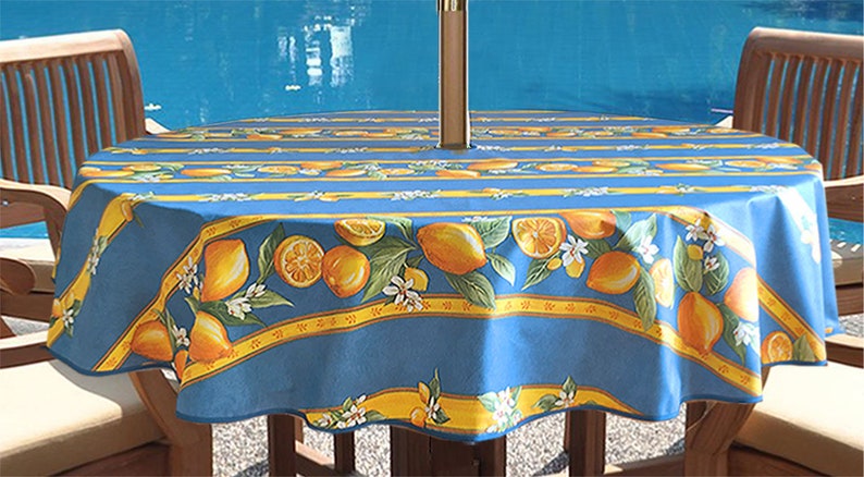 Water /& Stain Resistant Tablecloth Laminated Outdoor Tablecloth 60 in Round Umbrella Coated Tablecloth Provence Lemons in Blue