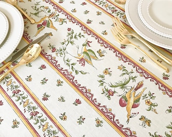 Stain Proof Moustiers Birds Raspberry Tablecloth - Round Square Rectangle or oval -or custom made up to 115" wide - Umbrella Hole available-