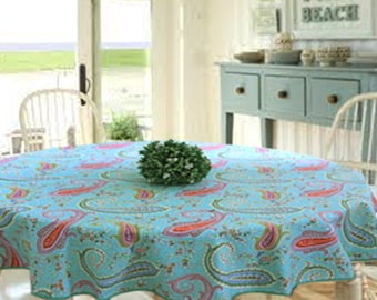 Stain Proof Wipe Clean Coated Tablecloth Pashmina Turquoise- Round Square Rectangle or Oval- Extra wide up to 115" & Umbrella Hole available