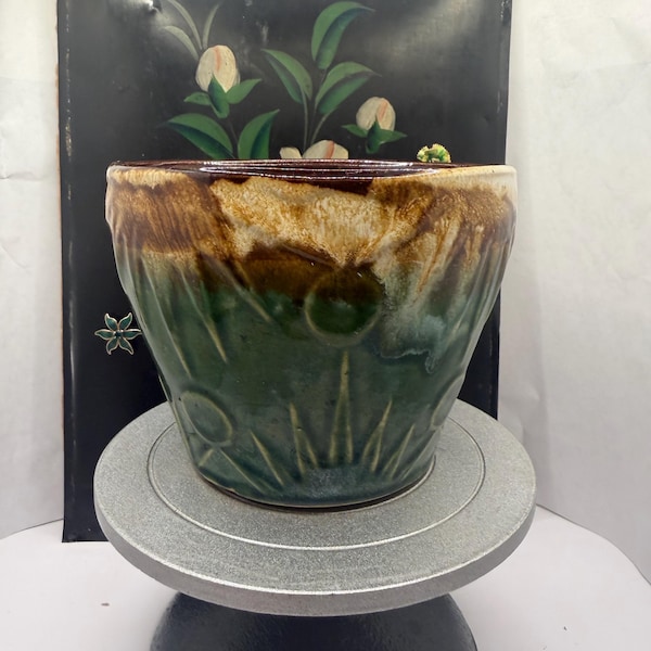 Vintage RRP/ McCoy Sun & Moon Jardiniere Planter, Flower Pot.. Browns Greens-6”x5”