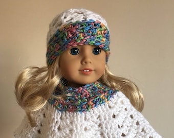 White 18 inch doll hat & poncho set with multicoloured trim, will fit American girl doll), doll clothes, doll hat, doll poncho, American Gi
