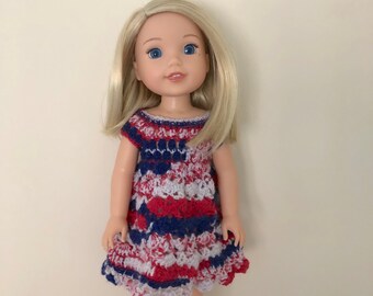 Vestido de muñeca para muñecas de 14,5" como American Girl Wellie Wishers. Hecho a mano, tejido a crochet.