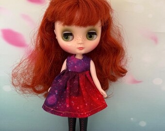 Dress to fit Middie Blythe doll. Red and purple print.