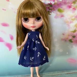 Navy doll dress with white anchors on print. To fit Pullip and Blythe dolls. Handmade.