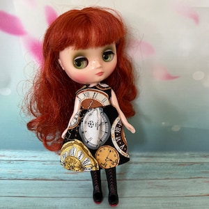 Middie Blythe dress - black with clocks on print! Unique doll dress! Steam punk theme