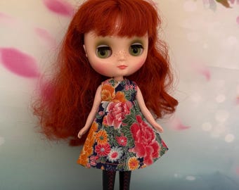Dress with blue and orange floral Japanese themed fabric. To fit Middie Blythe dolls. Handmade.