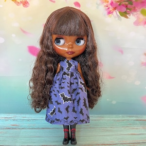 Purple doll dress with bats on fabric. To fit Pullip and Blythe dolls. Handmade.