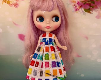 Doll dress white with art theme on print. To fit Pullip and Blythe dolls. Handmade.