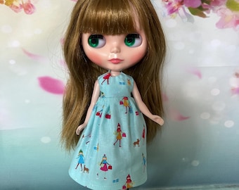 Mint green dress with shoppers on print. To fit Pullip and Blythe dolls. Handmade.
