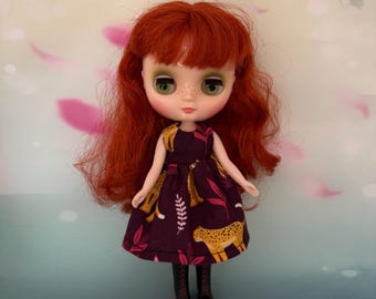Lovely dark burgundy doll dress with leopards on print! To fit dolls such as Middie Blythe  or Lottie dolls. Handmade.