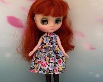 Black floral dress. To fit dolls such as Middie Blythe  or Lottie dolls. Handmade.