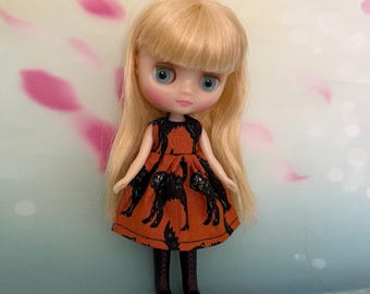 Dress to fit Middie Blythe doll. Orange with black cats on print. Perfect for Halloween!