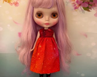 Orange doll dress with variegated print. To fit Pullip and Blythe dolls. Handmade.