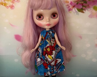 Blue doll dress with comic theme on print. Perfect for Christmas! To fit Pullip and Blythe dolls. Handmade.