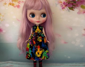 Black dress with bright cats on  fabric. To fit Pullip and Blythe dolls. Handmade.
