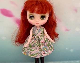 Pink dress with Liberty print floral fabric with birds on print. To fit Middie Blythe dolls. Handmade.
