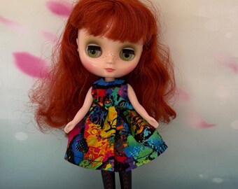 Dress to fit Middie Blythe doll. Black with bright cats on print
