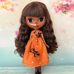 Dark orange doll dress with witches on print. To fit Pullip and Blythe dolls. Handmade.