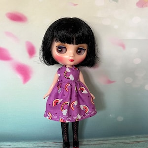 Purple doll dress with rainbows on print. To fit Middie Blythe dolls. Handmade.