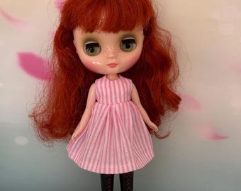 Pink and white striped doll dress.To fit Middie Blythe dolls. Handmade.