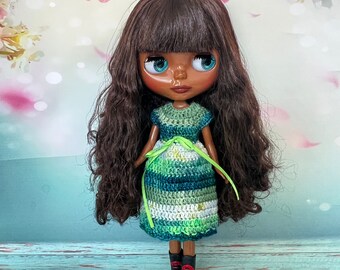 Dress, to fit Blythe Neo Dolls. Handmade, crocheted with green handpainted yarn