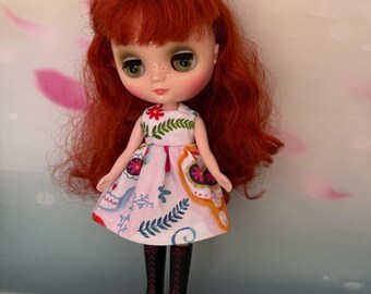 Middie Blythe dress - pink fabric with skulls on print! Unique doll dress!