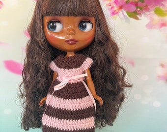 Dress, to fit Blythe Neo Dolls. Handmade, crocheted with stripes of brown and pink yarn
