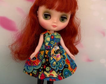 Dress to fit Middie Blythe doll. Black with bright cats on print