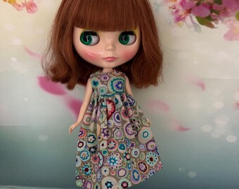 Grey dress with Kaffe Kassett fabric. To fit Pullip and Blythe dolls. Handmade.
