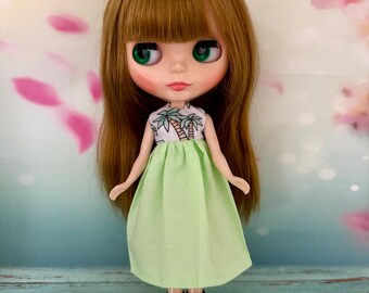 Dress with mint green skirt & palm trees on top print. To fit Pullip and Blythe dolls. Handmade.
