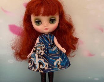 Dress with blue and gold Japanese themed fabric. To fit Middie Blythe dolls. Handmade.
