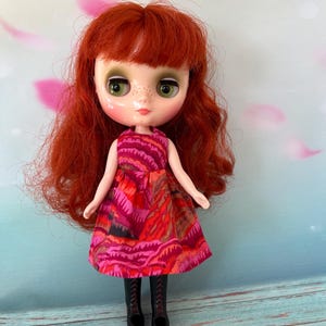 Pink doll dress with stripes on print. To fit Middie Blythe dolls. Handmade.