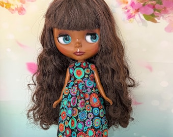 Black dress with Kaffe Kassett fabric. To fit Pullip and Blythe dolls. Handmade.