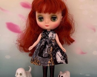 Dress to fit Middie Blythe doll. Grey with gothic/steampunk/halloween  print