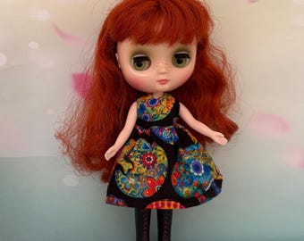 Dress to fit Middie Blythe doll. Black with skulls on print