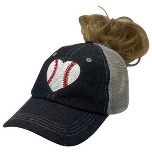 Messy Bun Baseball Heart Mom Embroidered Baseball Hat Baseball Love High Ponytail Heart Only