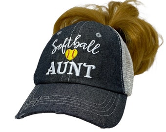 Cocomo Soul Softball Aunt Messy Bun High Ponytail Embroidered Hat -311