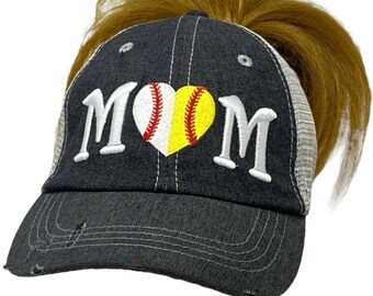 Cocomo Soul Ball MOM Messy Bun High Ponytail Baseball Softball Mom Embroidered Baseball Hat -405